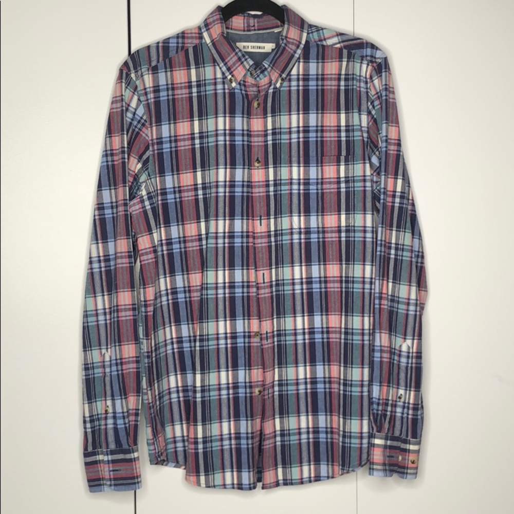 Ben Sherman Button Up Long Sleeve Shirt Blue Pink